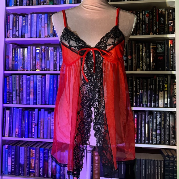 Victoria’s secret, red see through mesh lingerie top, black lace - Picture 1 of 5